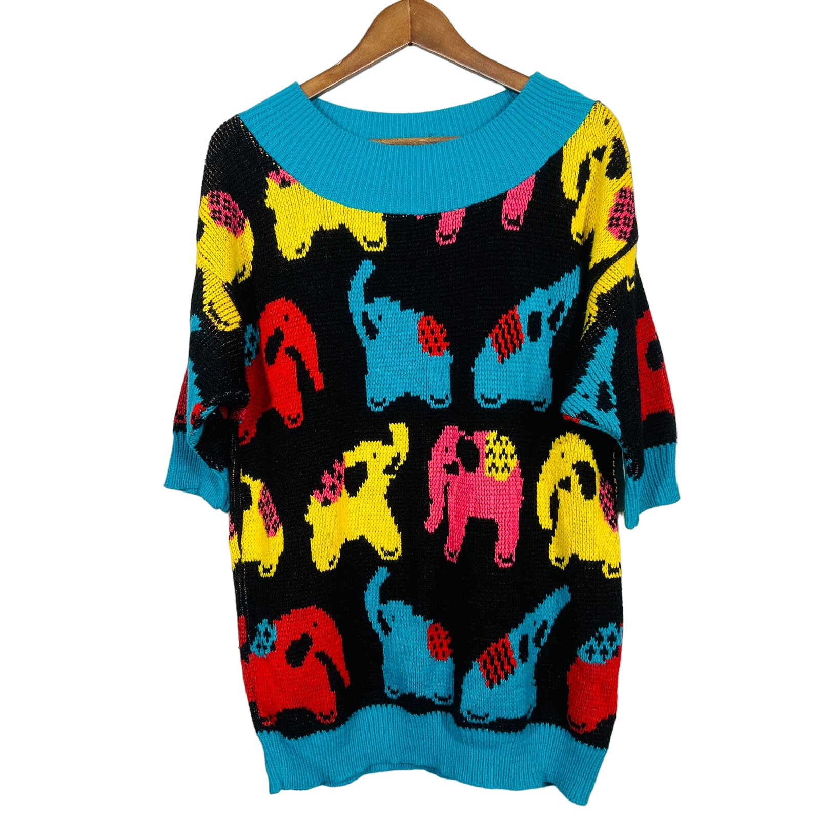 Vintage Knit Elephant Sweater Short Sleeve Black Turquoise - XL