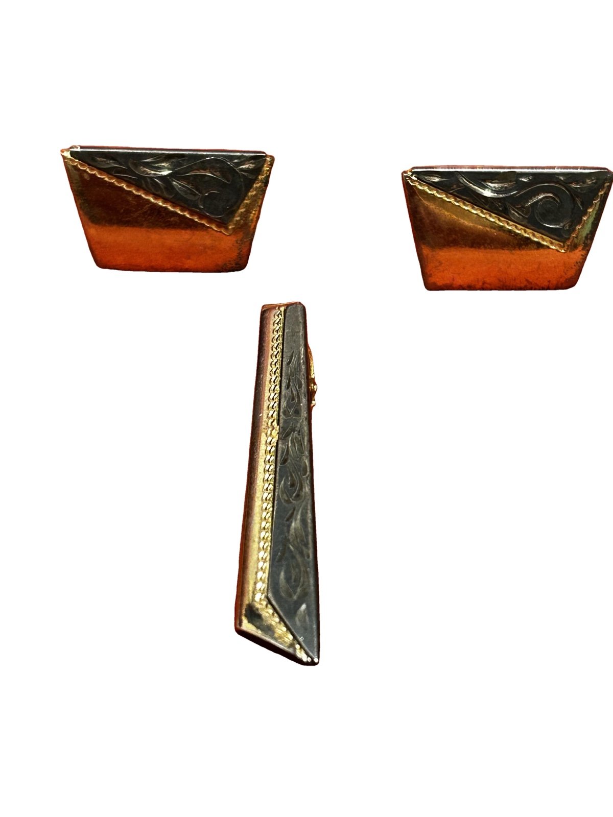 Vintage Mid Century Etched Anson Tie Bar and Cuff Link Set