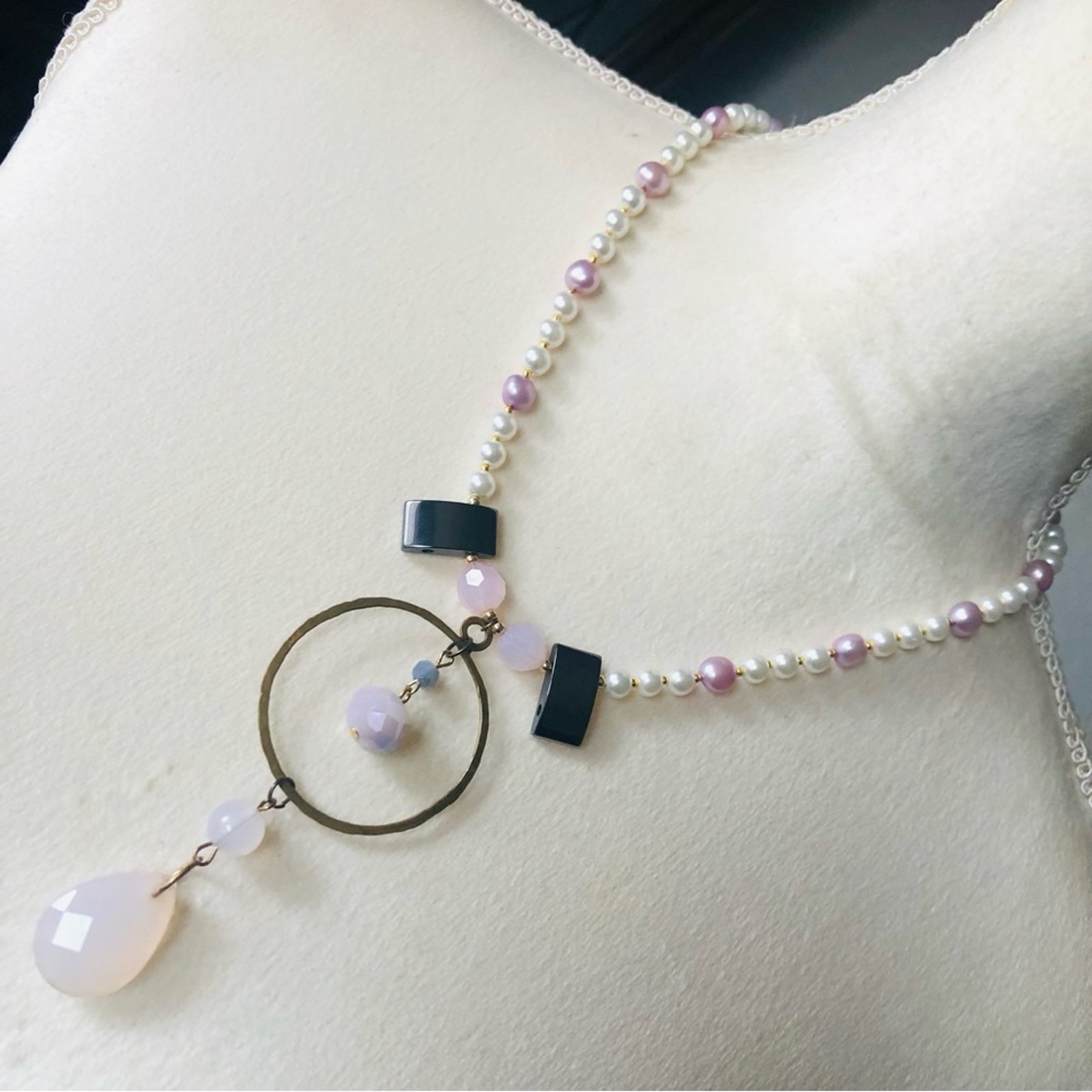 Handcrafted repurpose lilac freshwater brass pendant Czech glass Pearl necklace