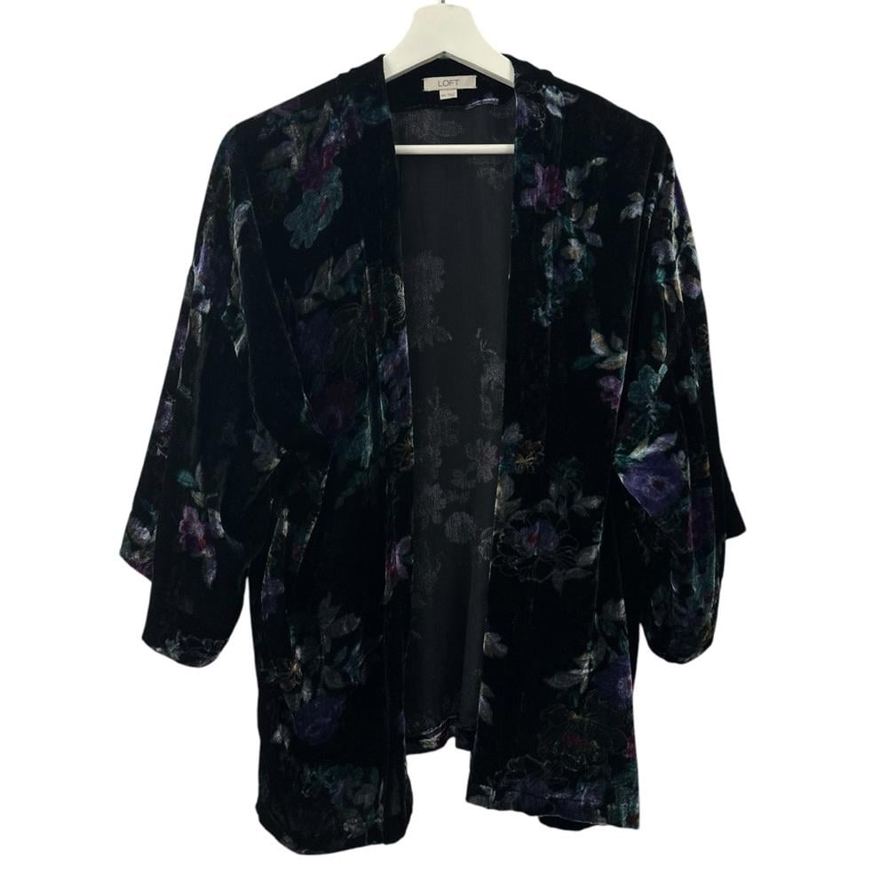 LOFT Womens Velvet Open Front Cardigan Kimono Blouse Floral Size M/L