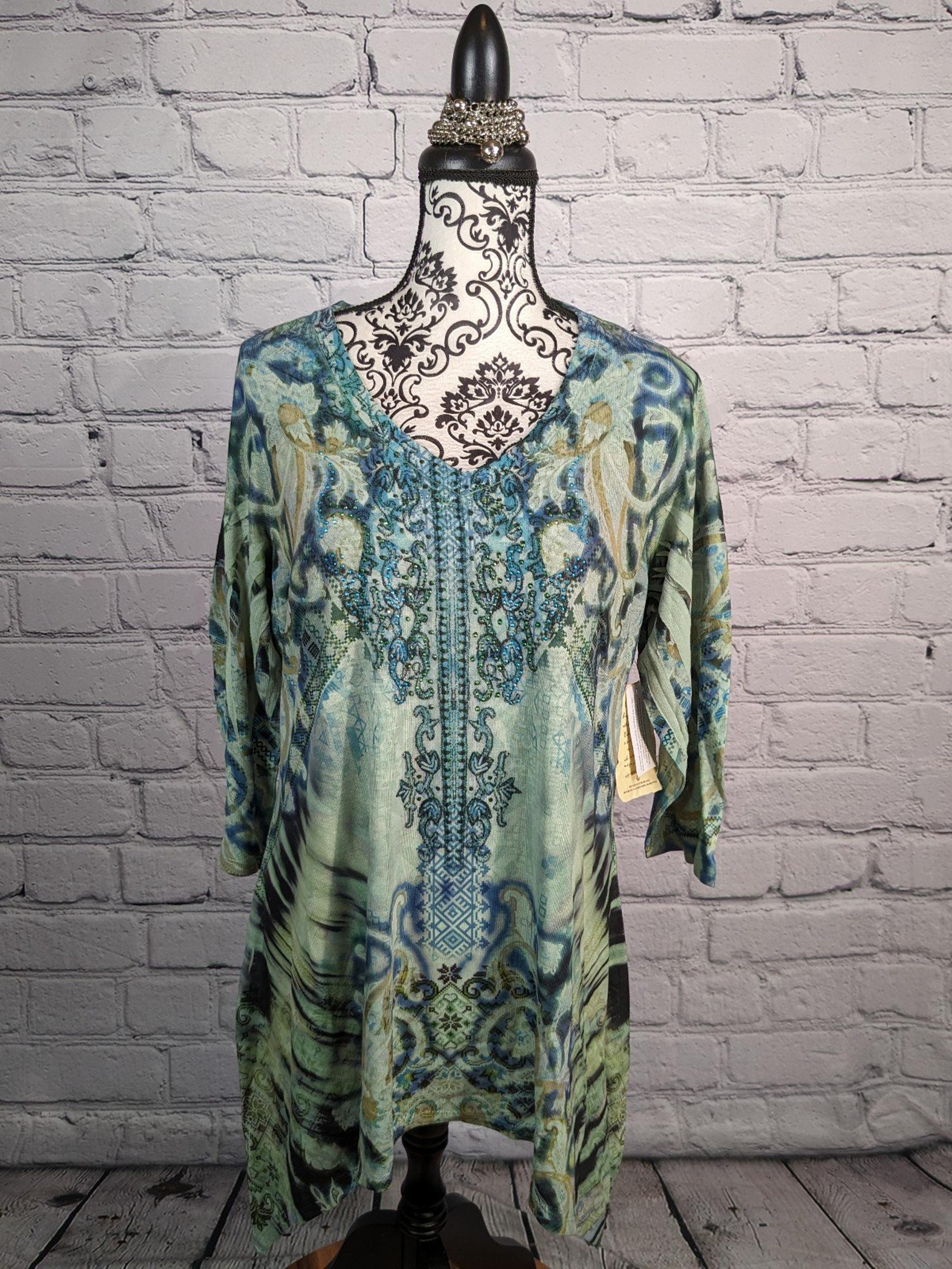 One World womens long sleeve stretch knit beaded front geo print NWT 2x top BBIN