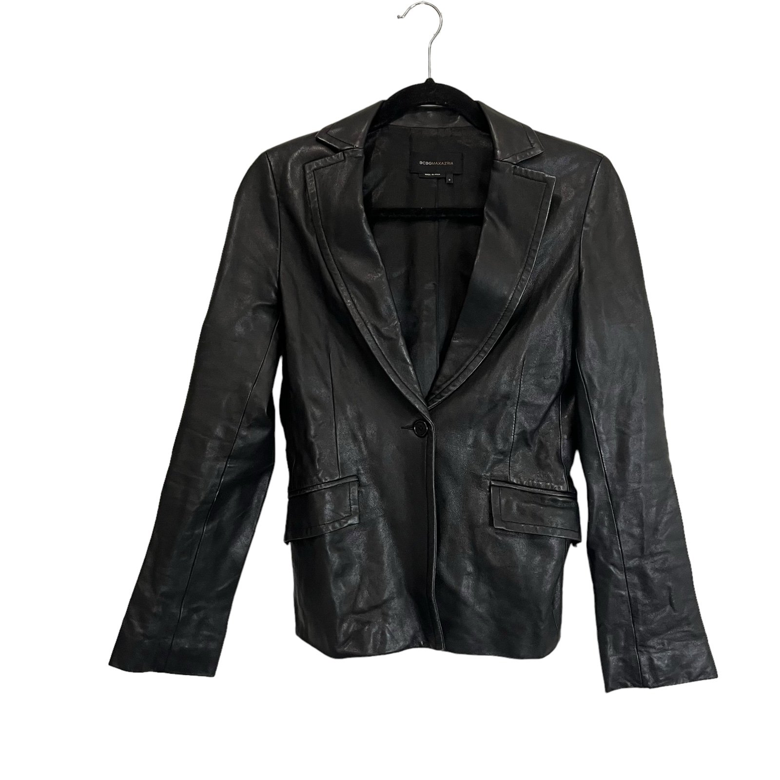 BCBG Maxazria Black Leather Jacket Womens Size 0 One Button Blazer Moto