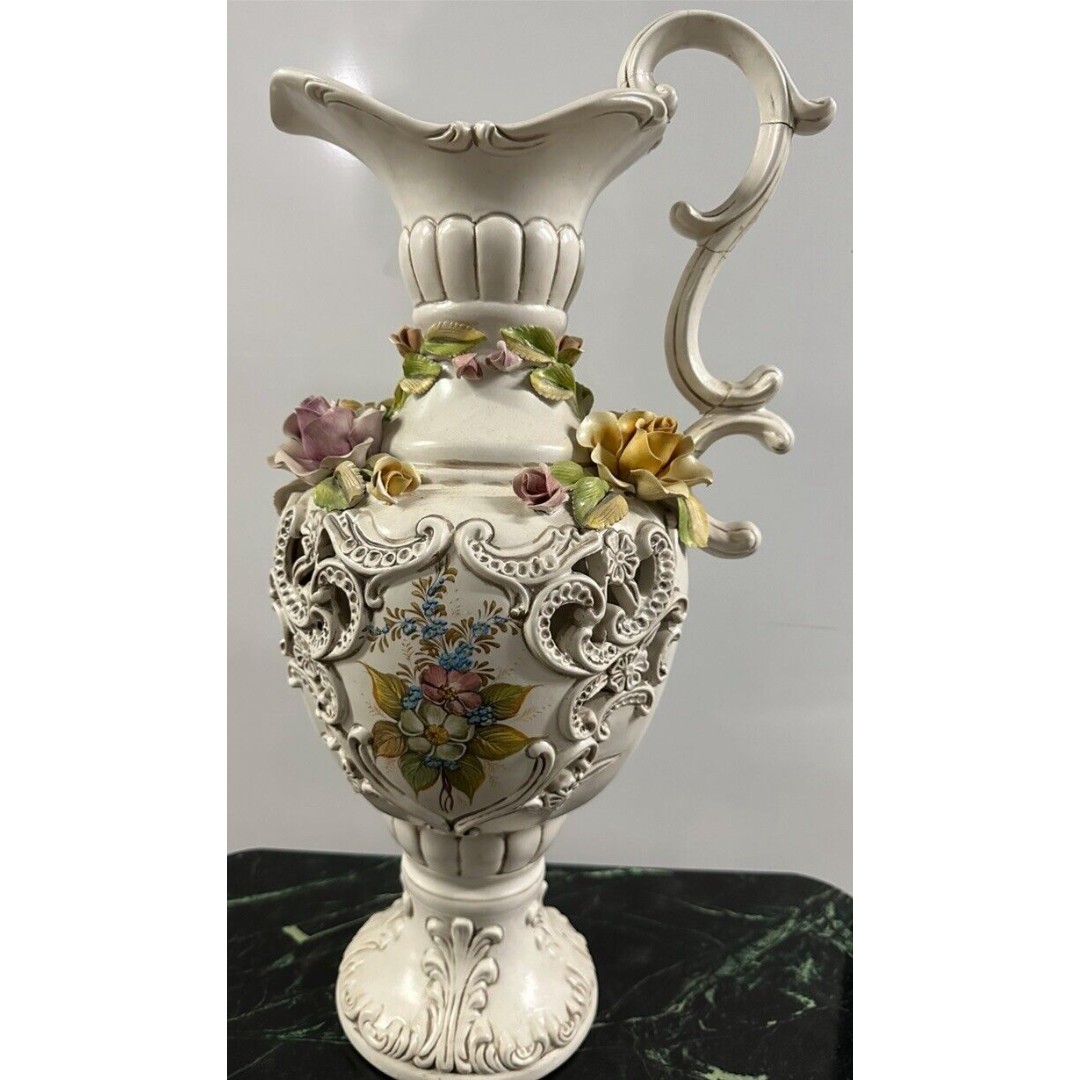 Large Capodimonte Like Footed Ewer/Vase Floral Ornate Italy 21 Tall MCM VTG