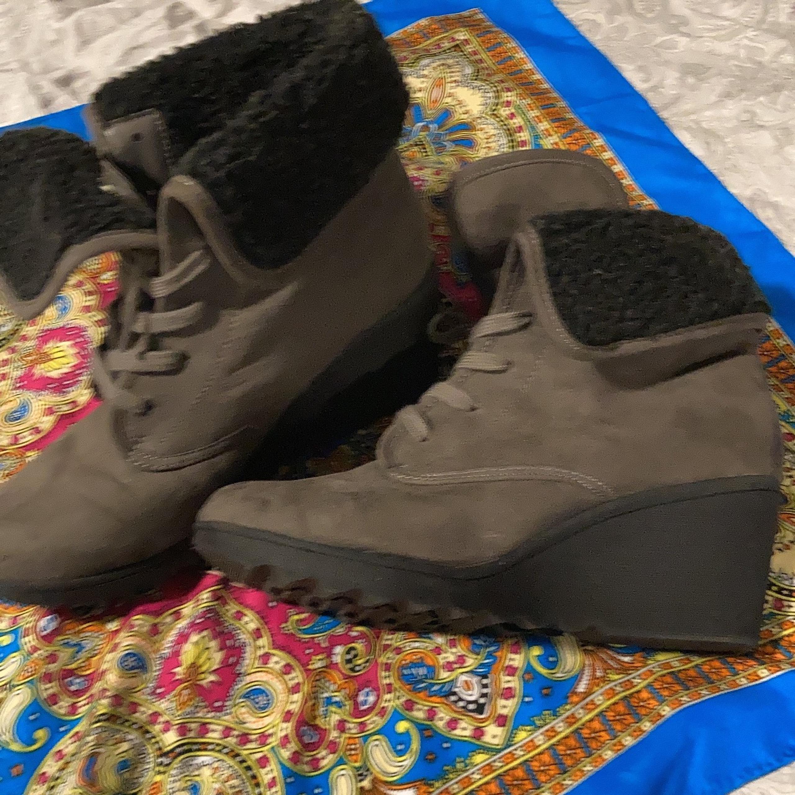 Gray suede wedge boots