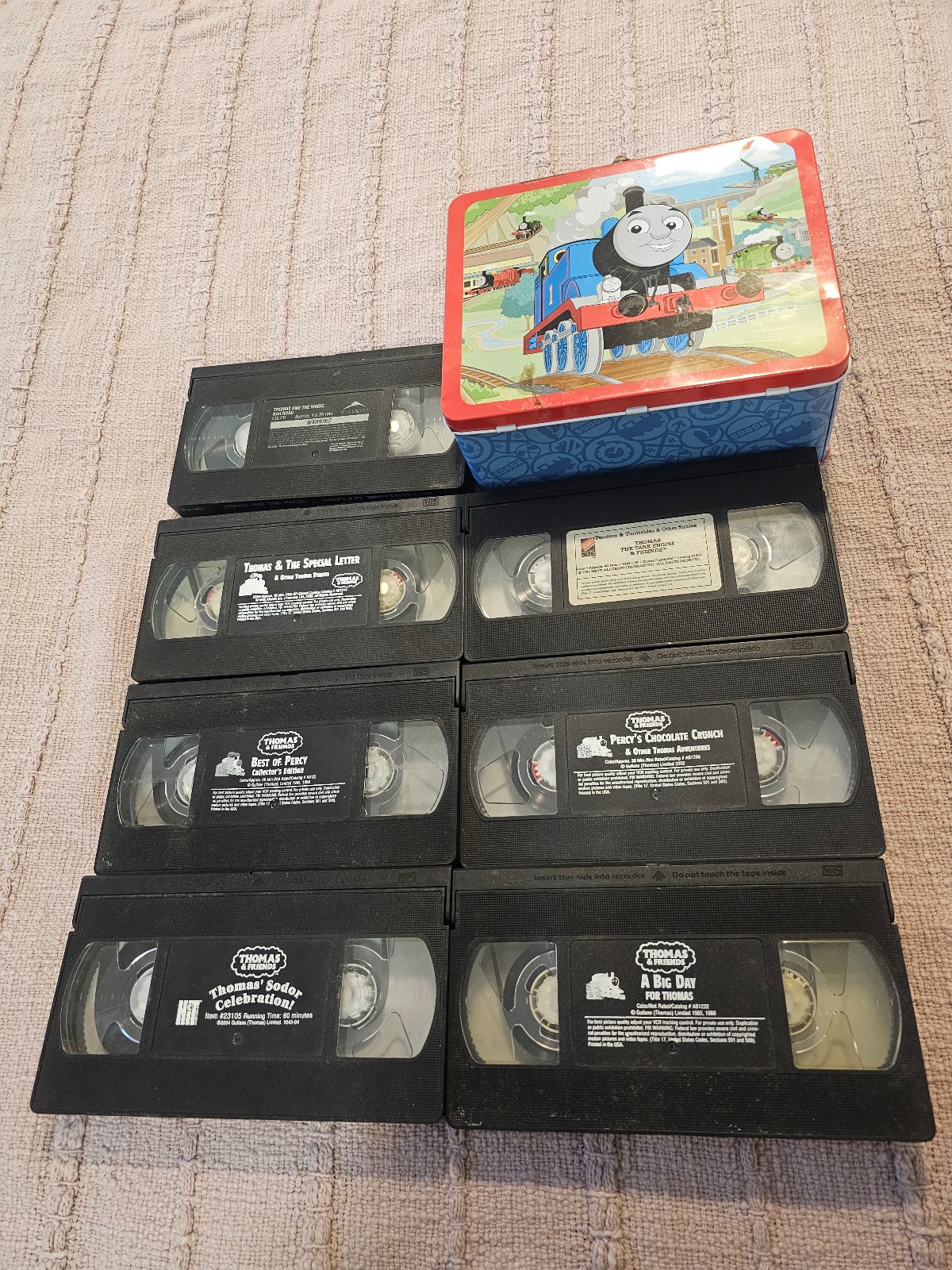 Thomas The Train Vintage VHS Cartoon Tapes And Lunch Box Lot