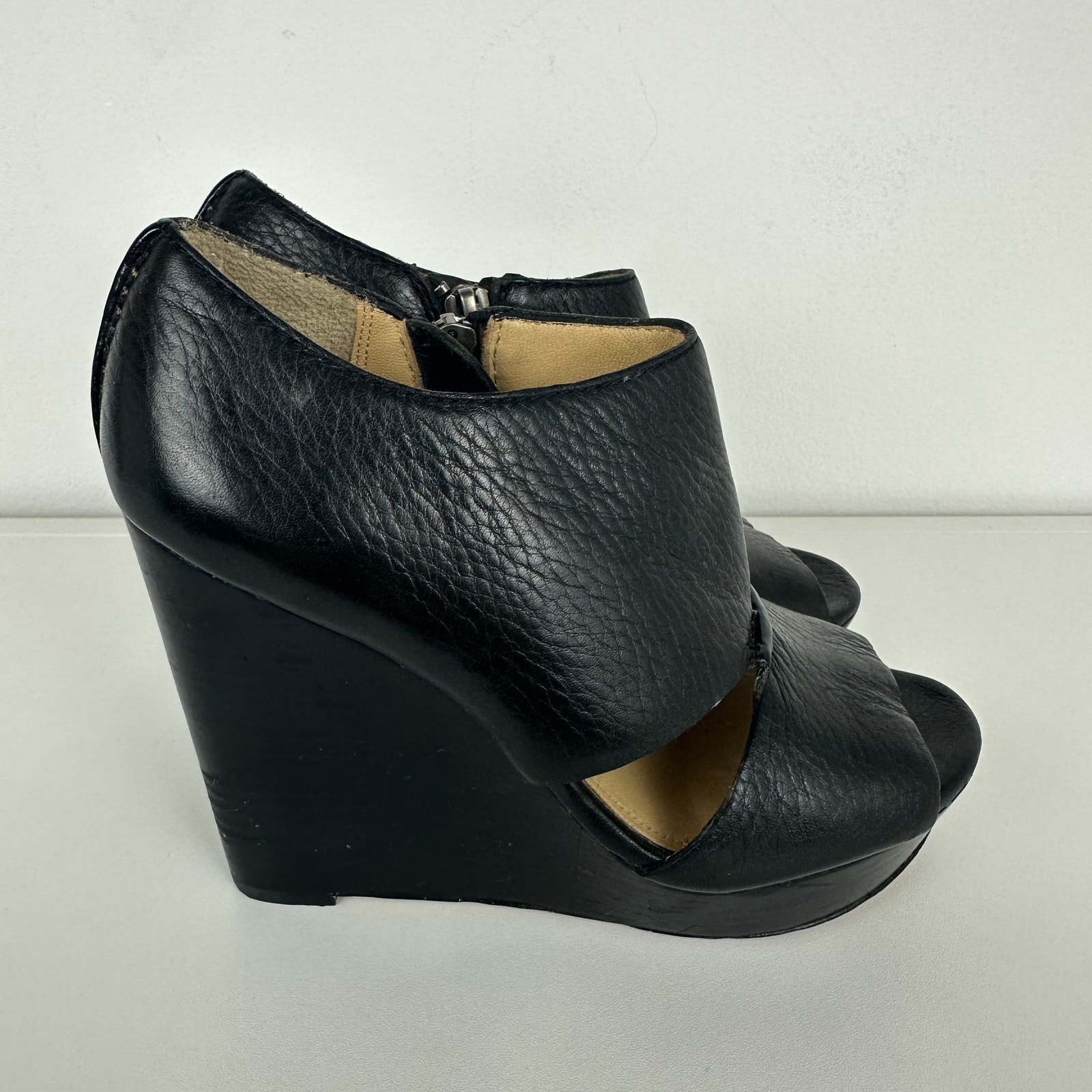Coach Womens Open Round Toe Wooden Zipper Leather Cut Out Black Wedge Heels 5.5B