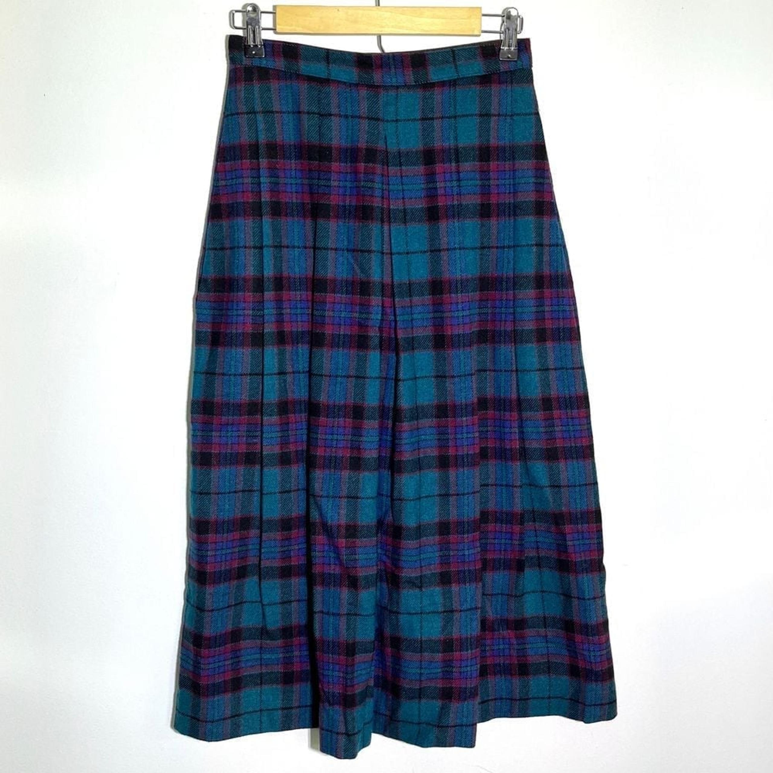 Woolrich Woman Vintage Plaid Wool Midi Skirt Teal Pink Gray Tartan Size 8