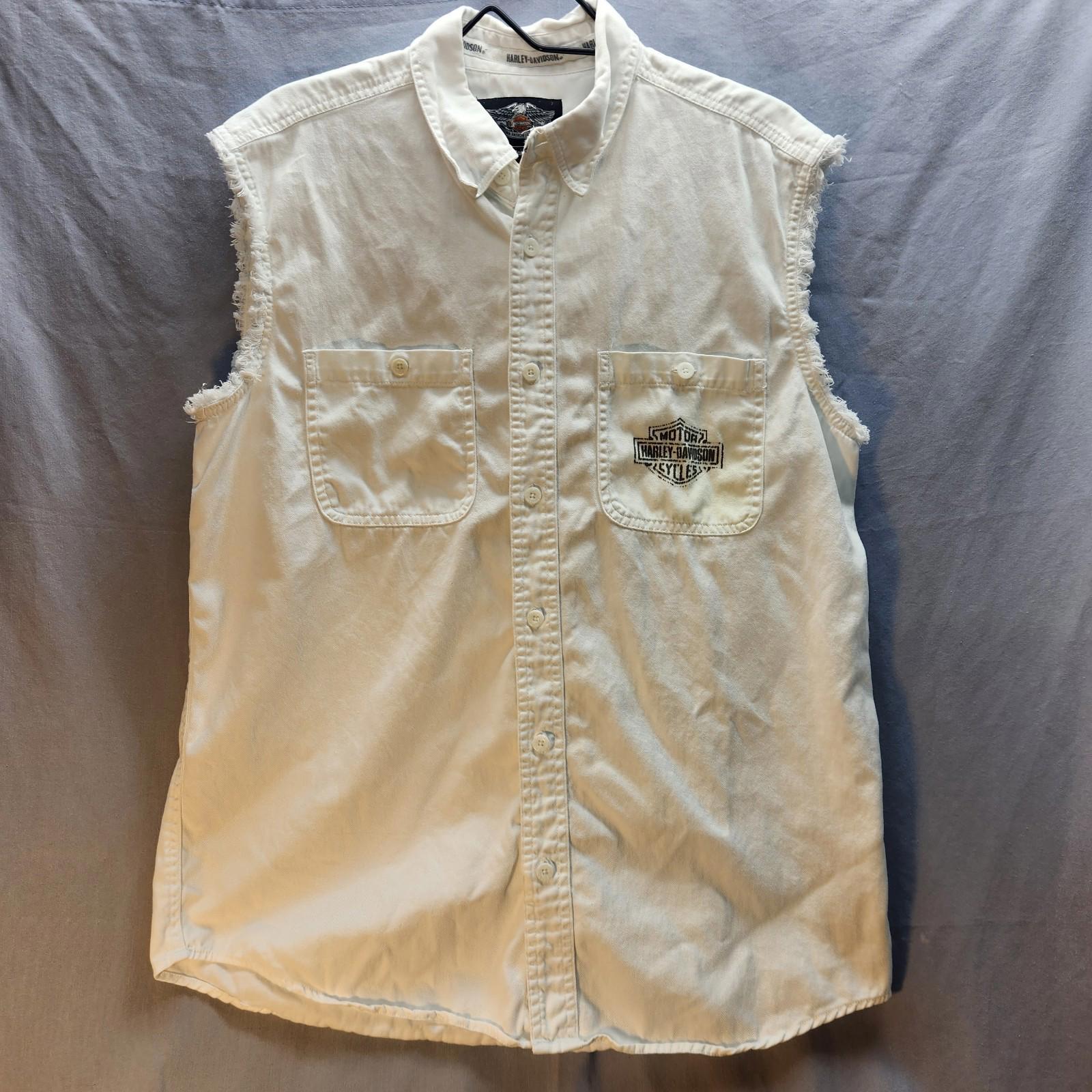 Harley Davidson Shirt Mens L White Denim Sleeveless Button Up Cycle Logo Flames