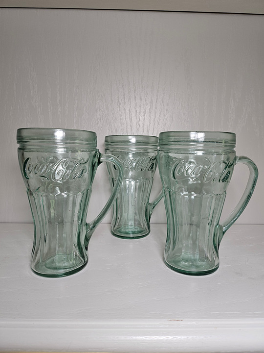 Vintage 1990s Set of 3 Coca Cola Glasses With Handles Green Glass by Libbey