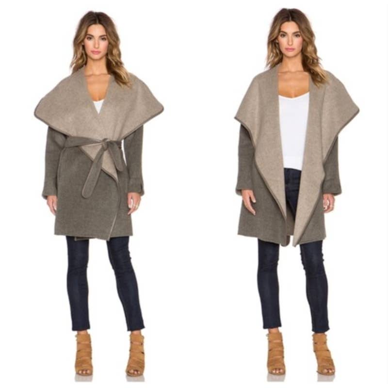 VINCE • Revolve Leather Trim Drape Front Wool Coat Sz Small