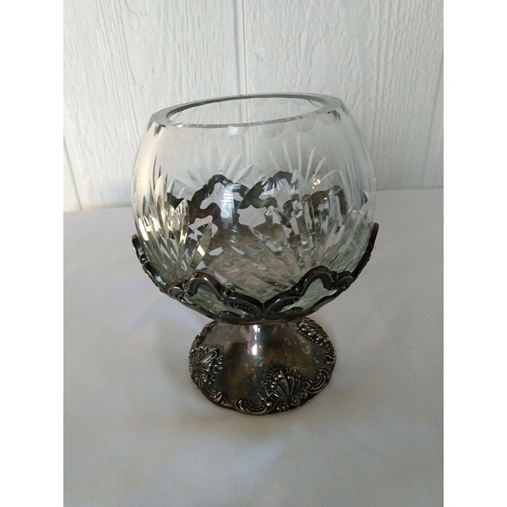 Vintage Godinger Lead Crystal Vase Silver Plate Ornate Goblet Fish Bowl