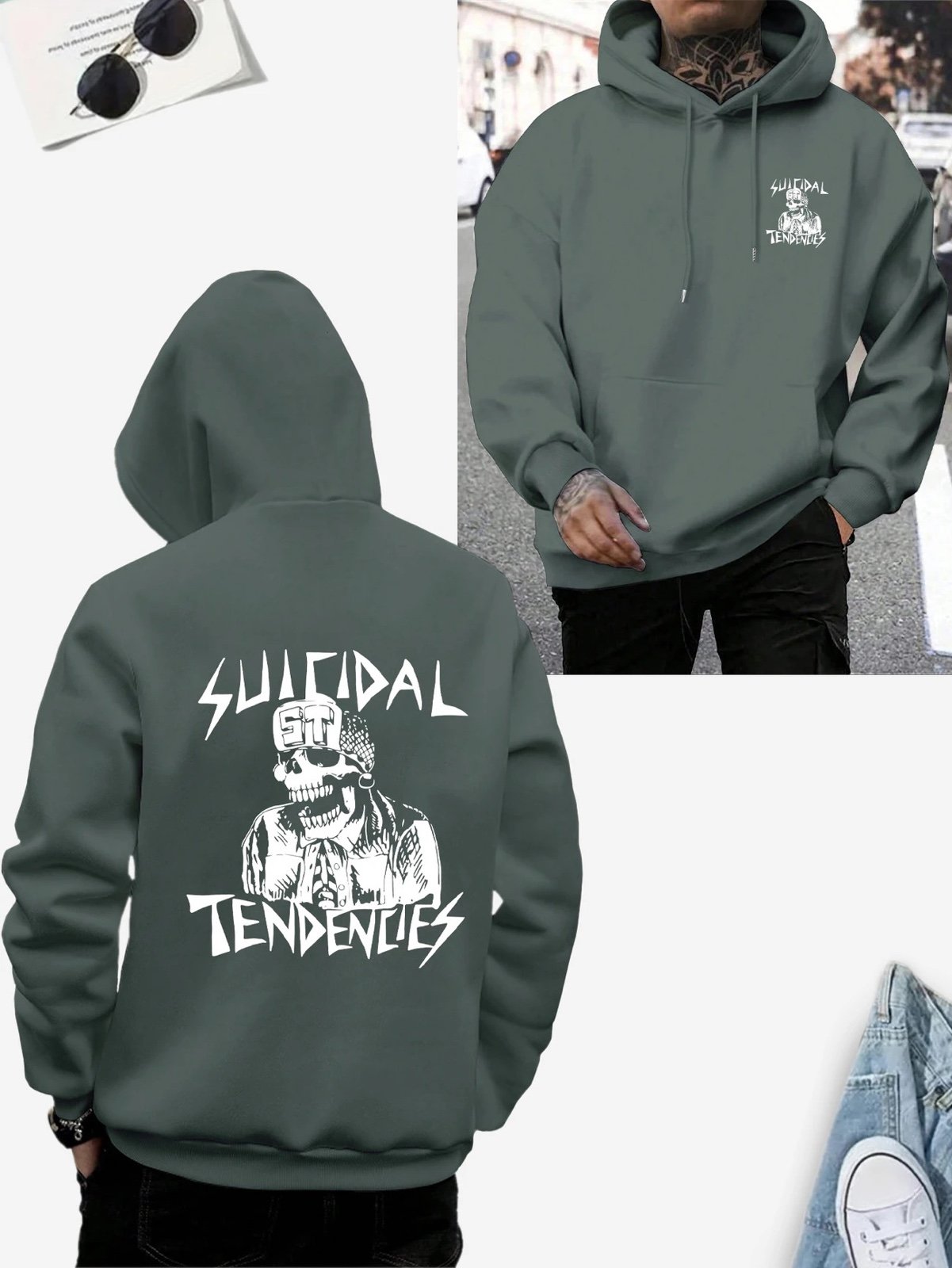 SUICIDAL TENDENCIES Scull Print Hoodie Light Dark Gray Size XXL