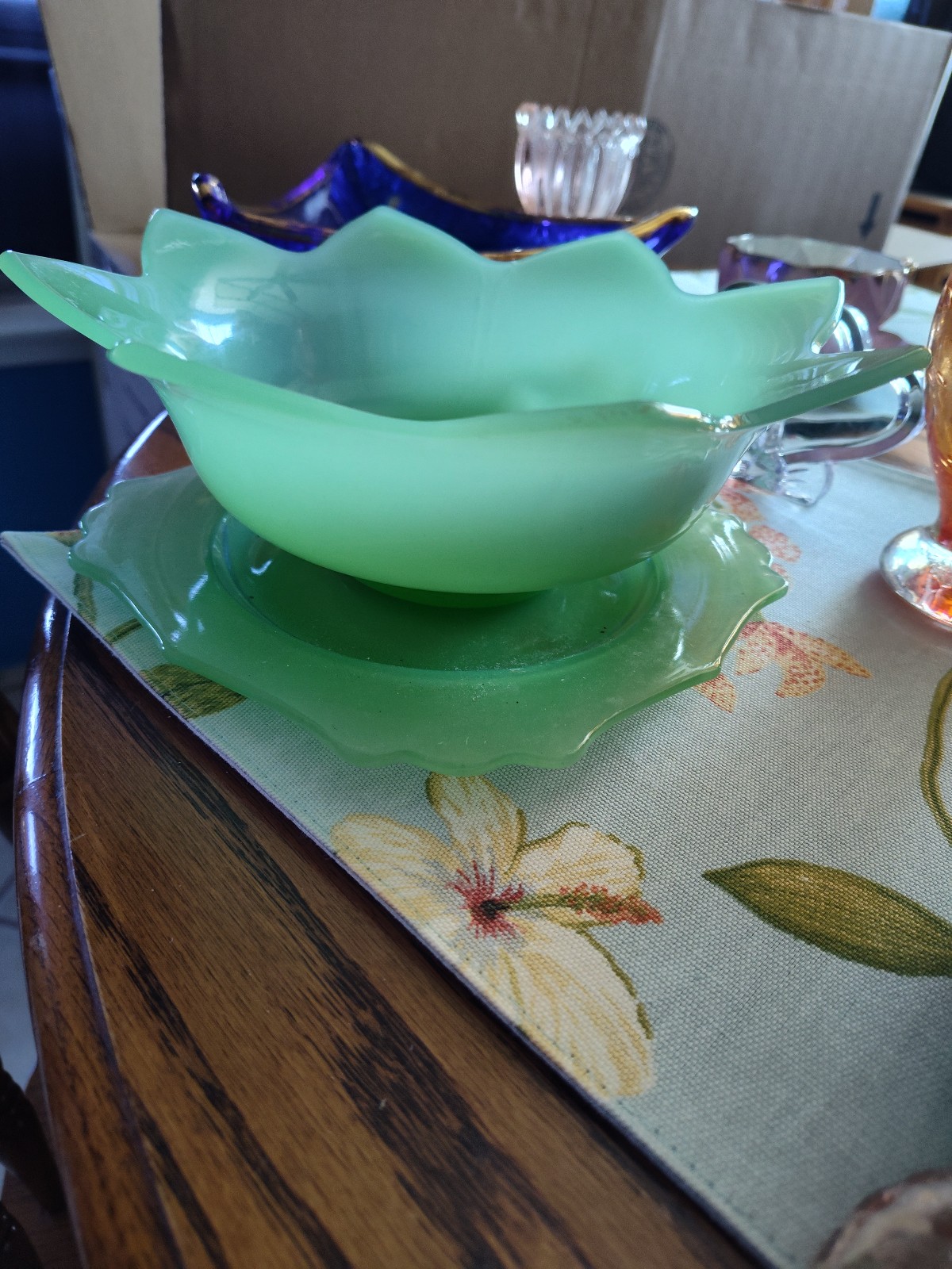 Vintage Fenton Jadeite-Colour Clambroth Lotus Glass Bowl & Plate