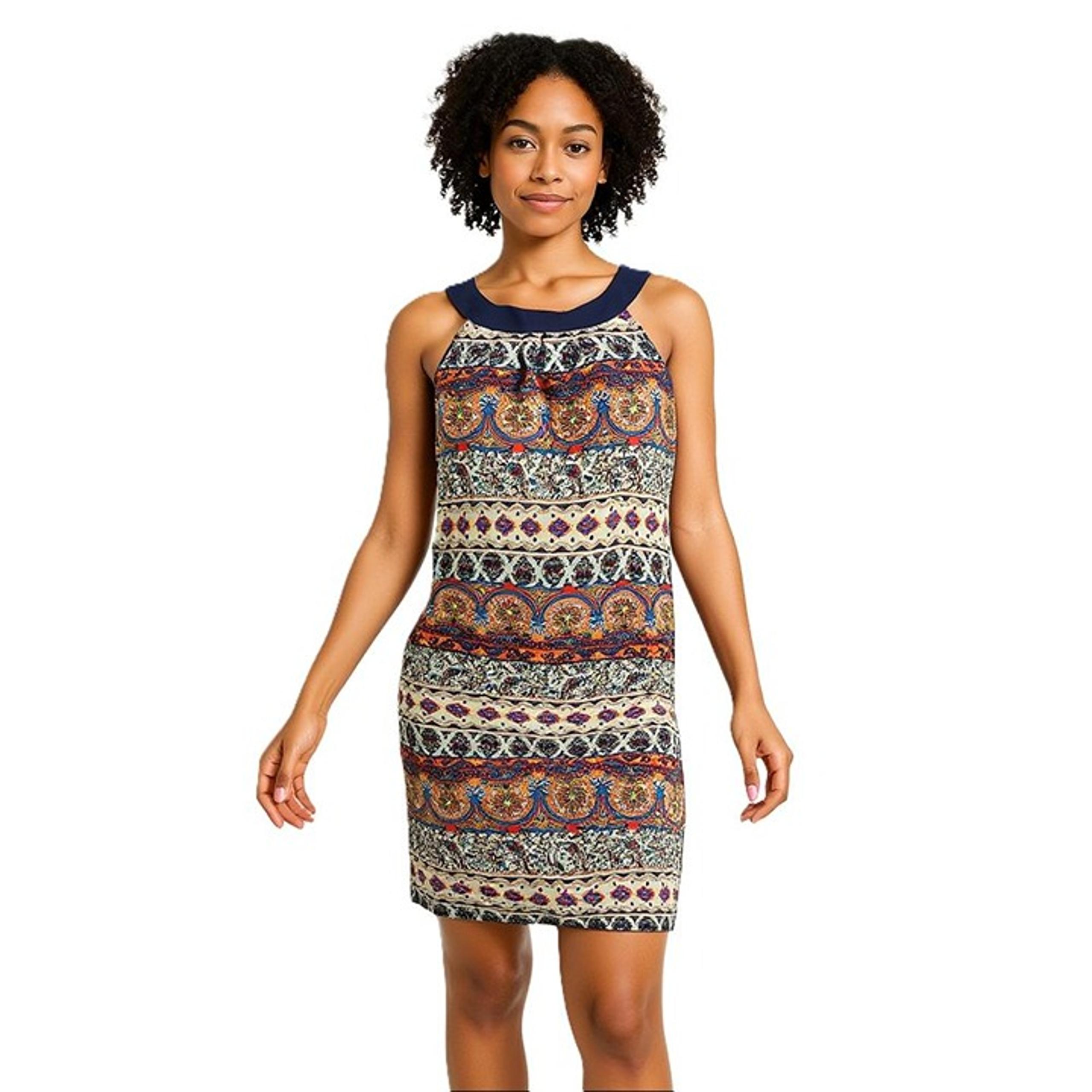 A. Byer Sleeveless Boho Print Shift Dress Navy Trim Keyhole Back Size M