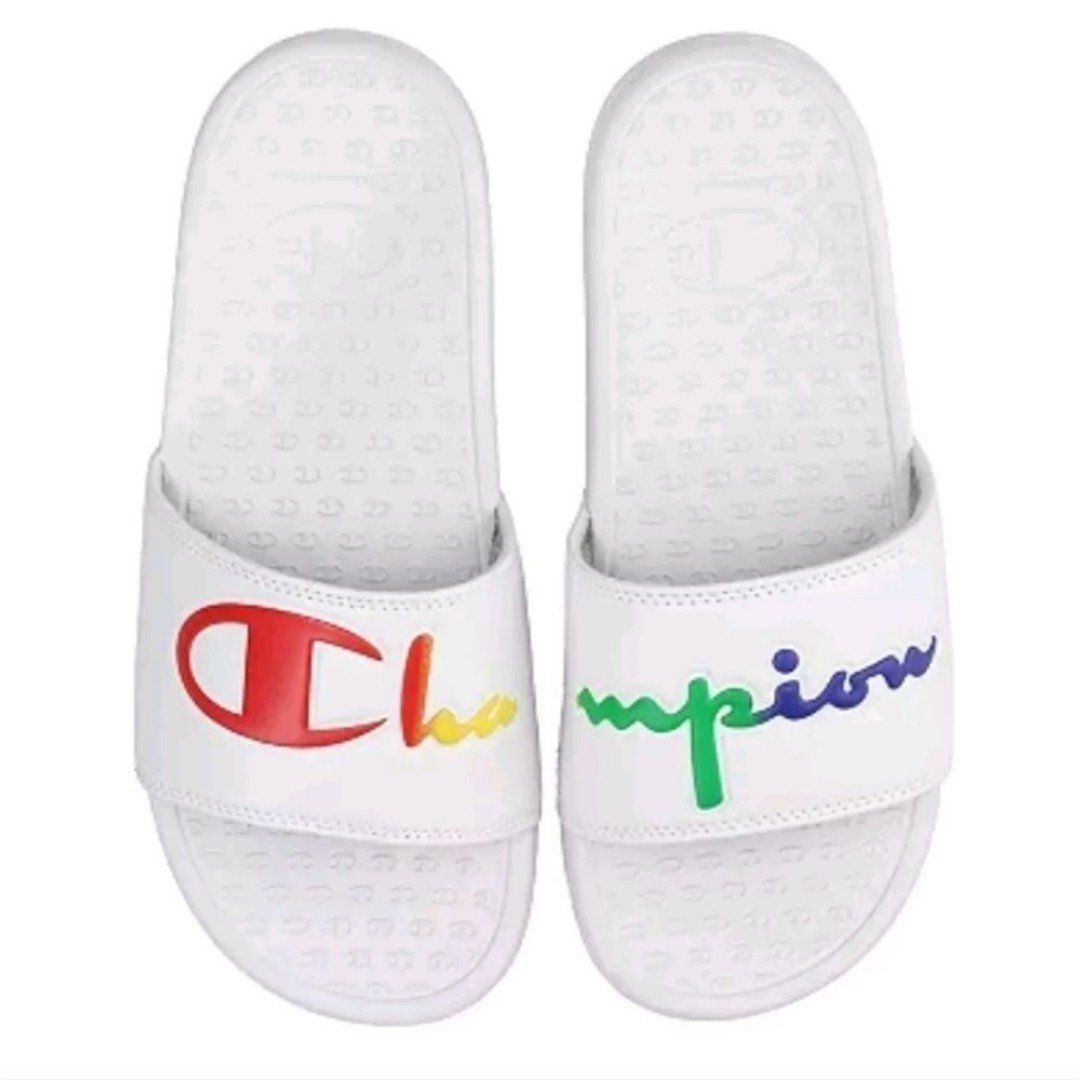 NEW Women's Champion Rainbow Logo Super Split Script Slides White Size‎ 7