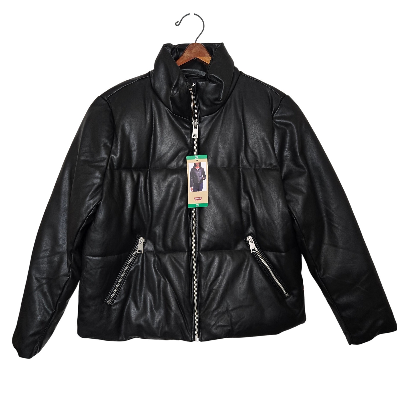 New Levi Strauss Faux Leather Short Puffer Zip up Black Women's Jacket Size XL