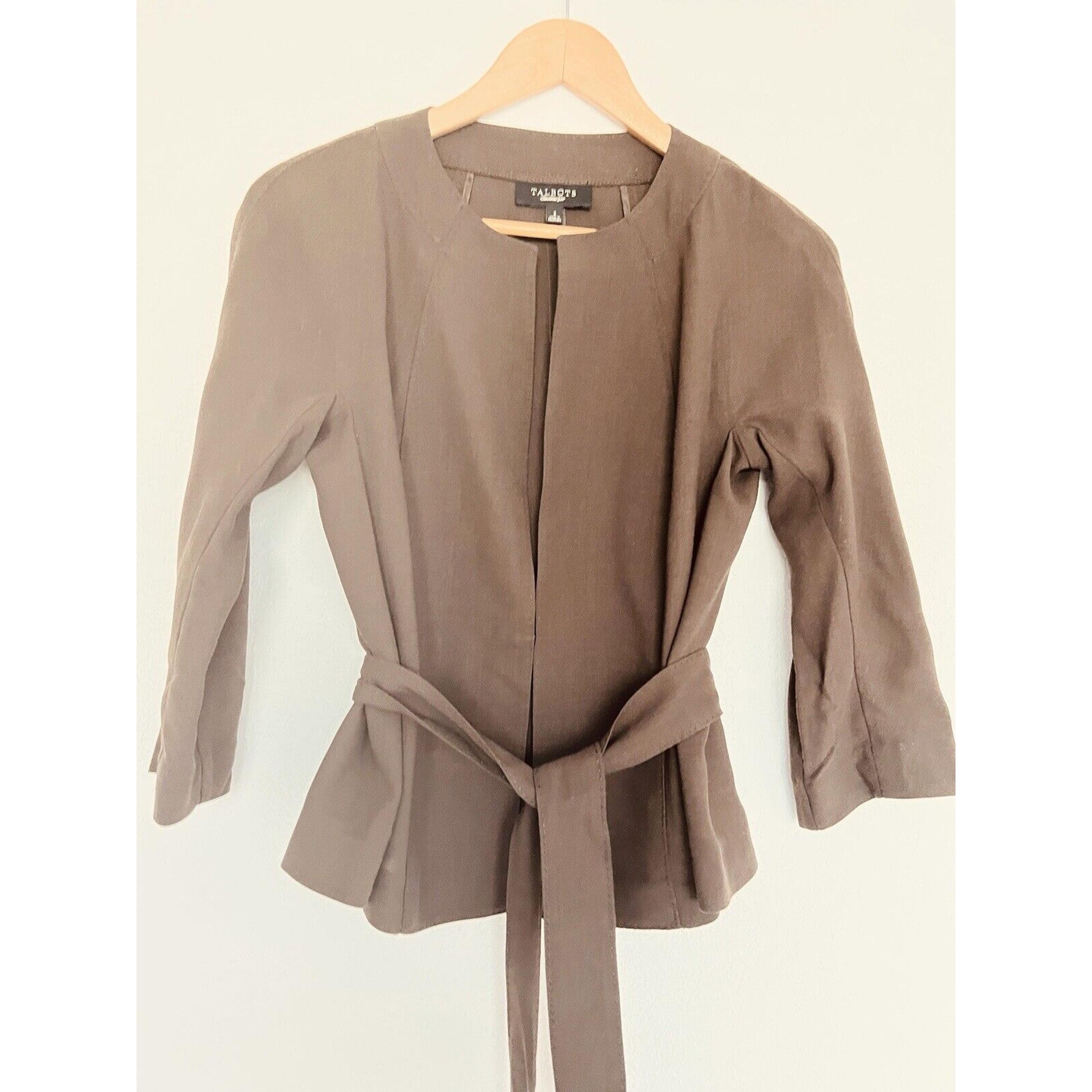 TALBOTS Womens Open Front Coat Sz 4 Tie Waist 3/4 Sleeve Brown Jacket Office