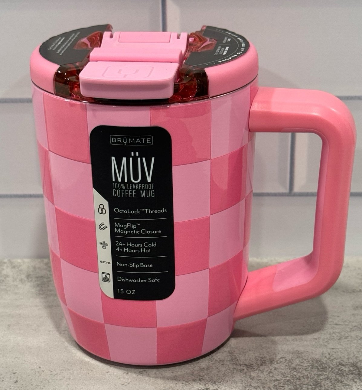 In hand Ready to ship 15 oz flawless PINK CHECKERS Brumate muv mug NWT