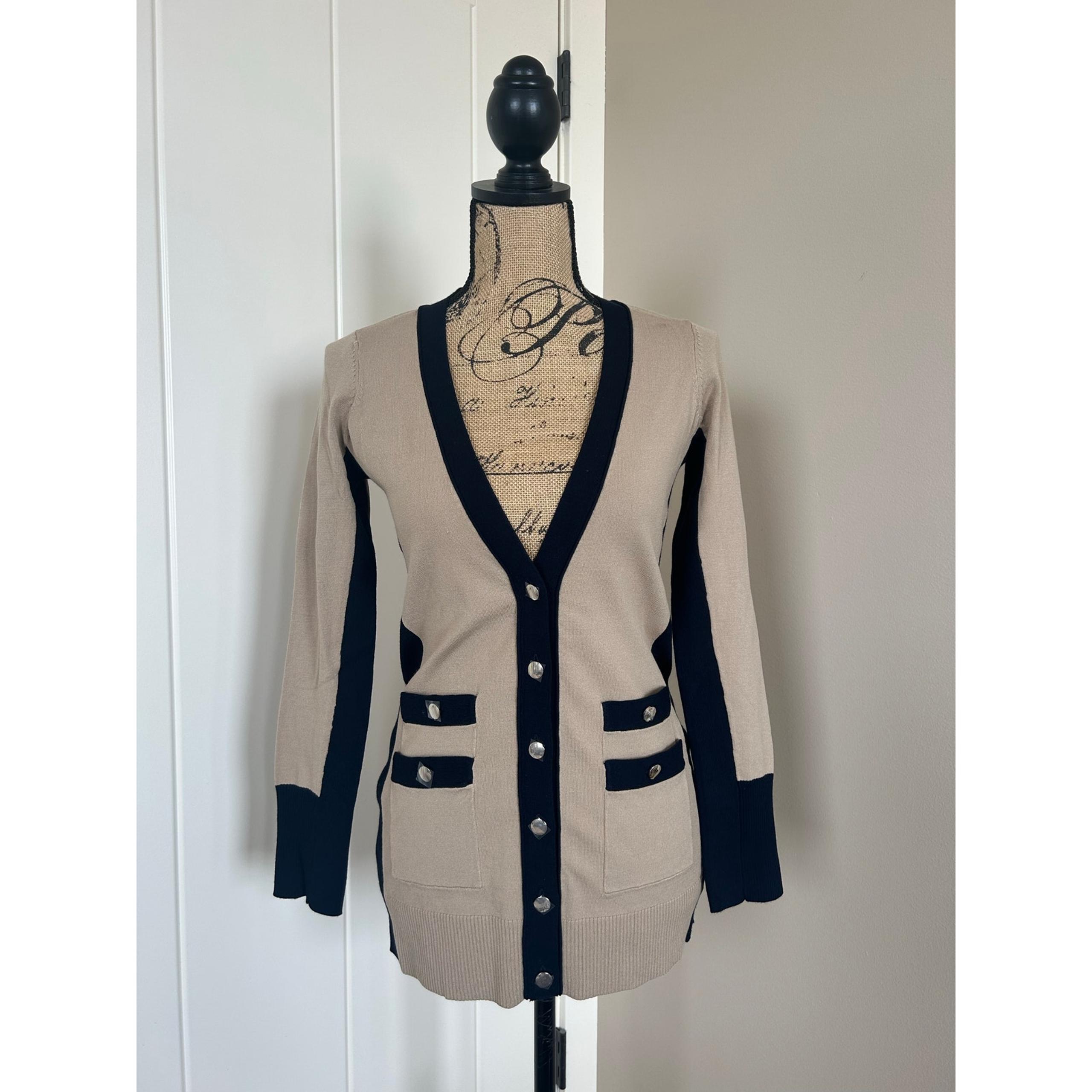Cache V Neck Tan and Navy Button Up Boyfriend Cardigan Size S