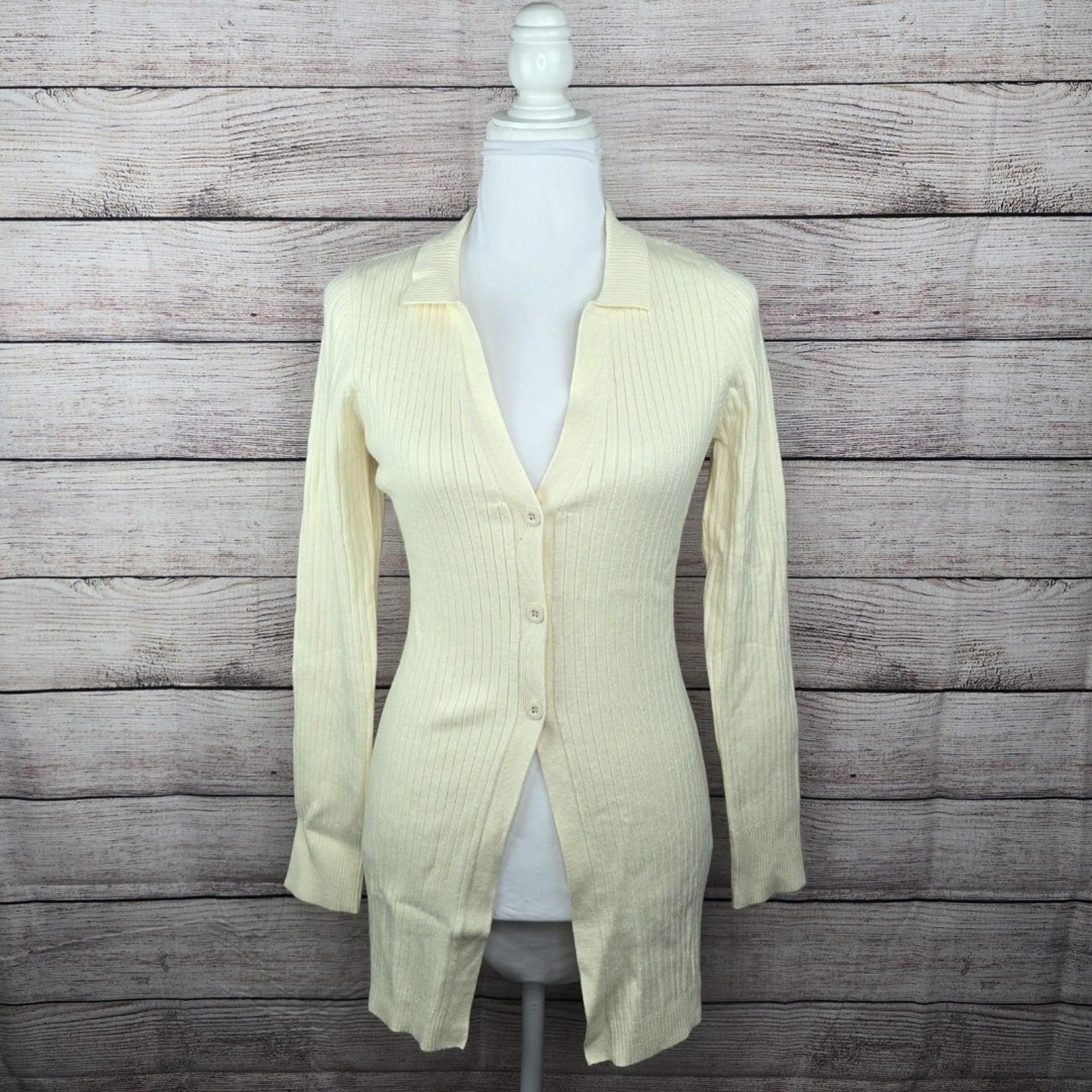 Lulus Foggy Day Cream Stretchy Ribbed Knit Cardigan Button Front Sweater Medium