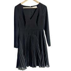 Halston Heritage Black Long Sleeve V-Neck Pleated A-Line Mini Dress Size 2