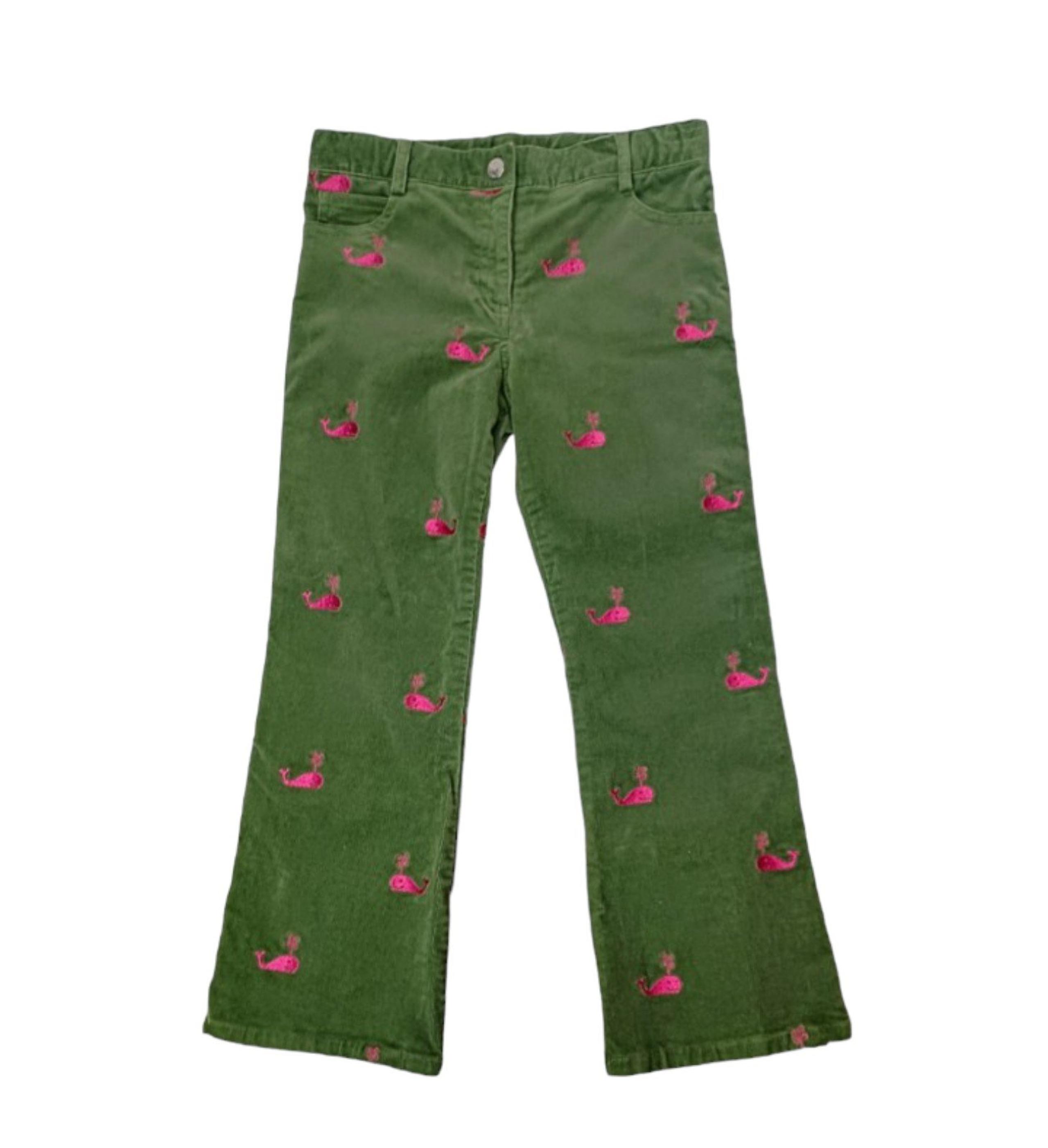 Lilly Pulitzer Green Corduroy Embroidered Pink Whale Pants +Adjustable Waistband