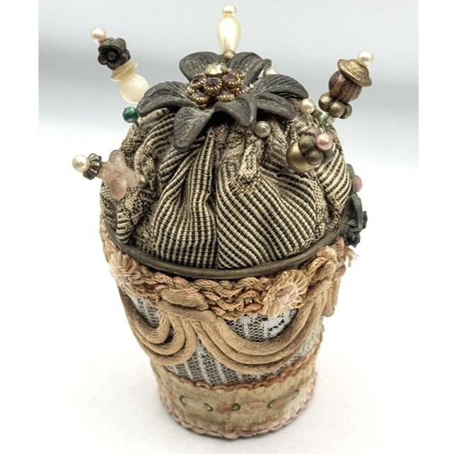Vintage rhinestone brocade pin cushion with pins
