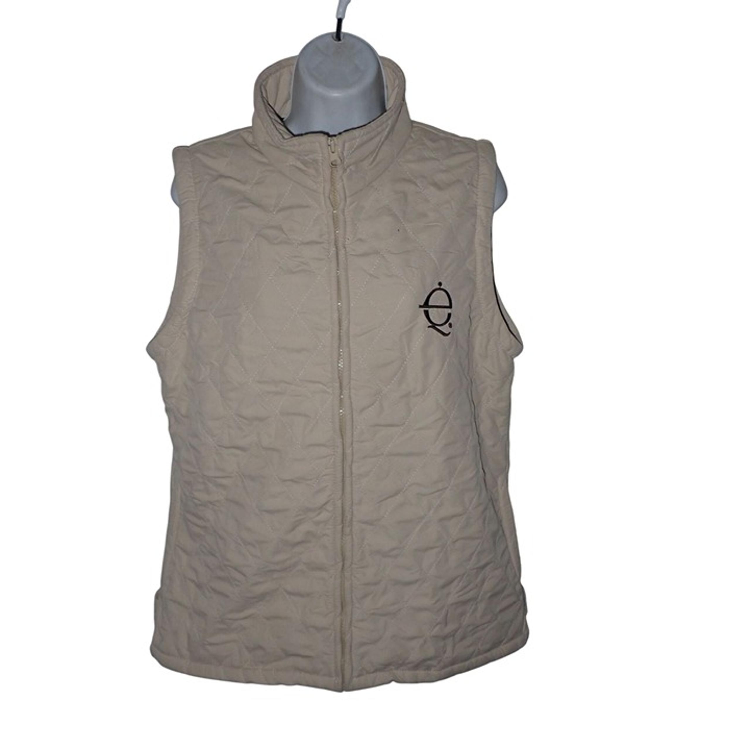 Troxel Quilted fleece Lined Vest Women L Tan Equestrian Logo Zip Preppy