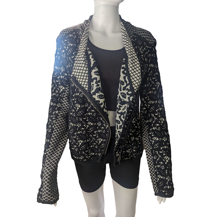 Anthropologie Moth Jaquard Moto Cardigan Jacket Cotton Blend Lace Feminine sz L