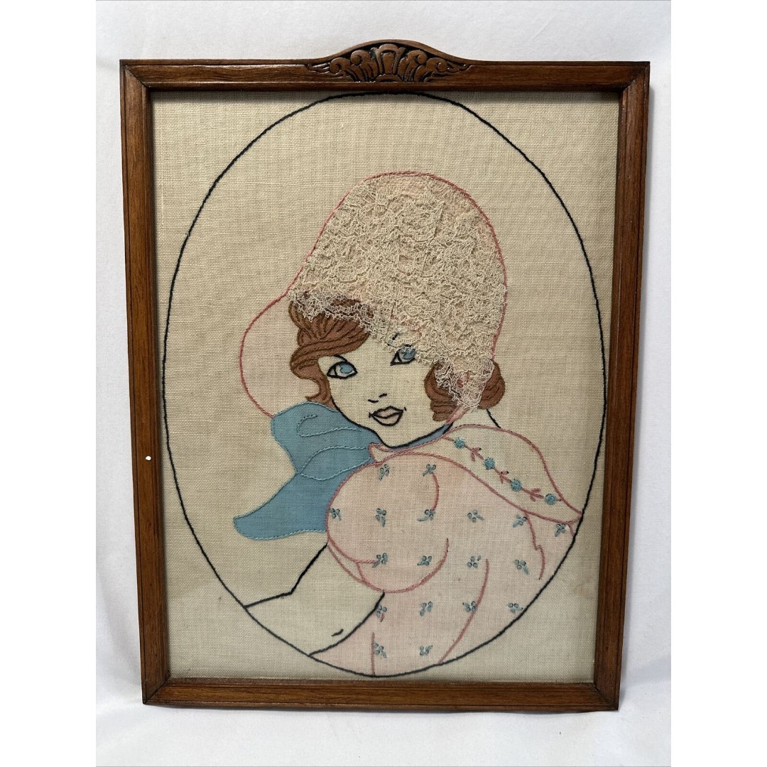 Vtg Victorian Embroidered Girl Ribbon Art Lady Picture Frame Lace Southern Belle