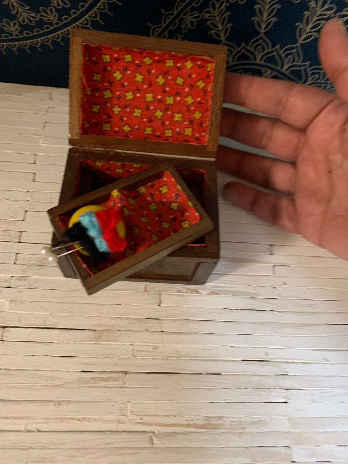 Vintage dollhouse sewing trunk