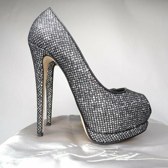 GIUSEPPE ZANOTTI Sharon 105 Glitter Peep Toe Pump High Heels Silver