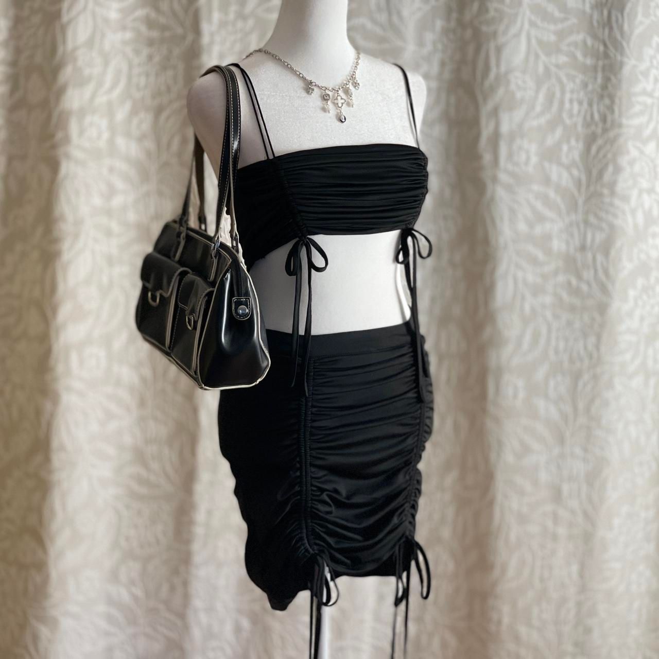 O. Vianca Black Ruched Trashy McBling Top (Size M) & Mini Skirt (Size S) Set