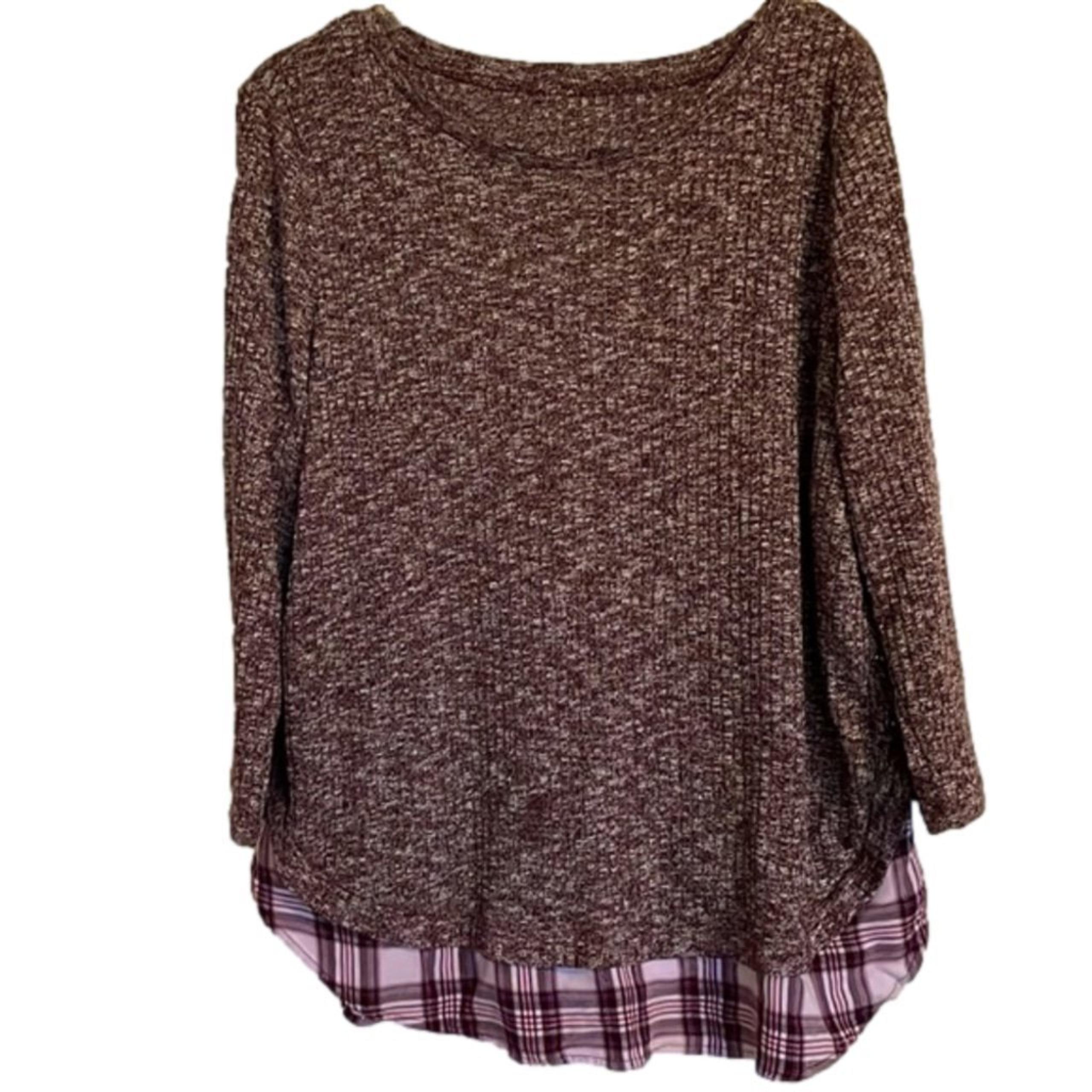 FRED DAVID LS Sweater with Plaid Shirt Trim.