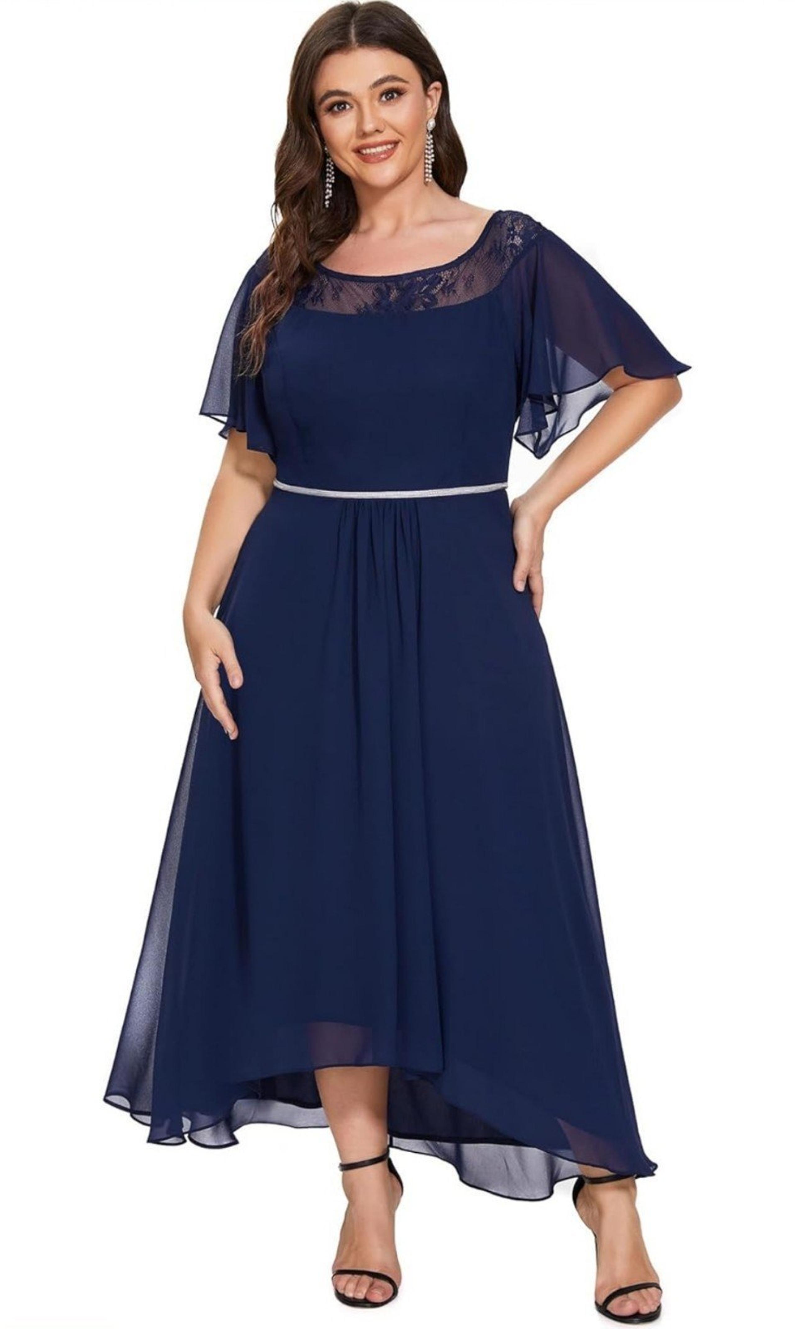 EVER PRETTY Sz 16 Elegant Blue Navy Lace Dress hi-low chiffon short flutter slee