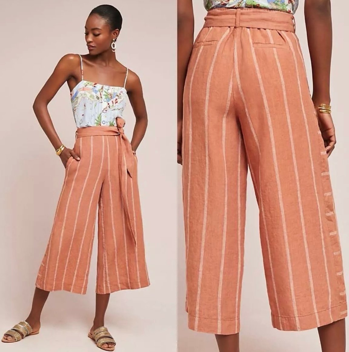 Anthropologie Portia Linen Wide Leg Striped Pants Belted Burnt Orange