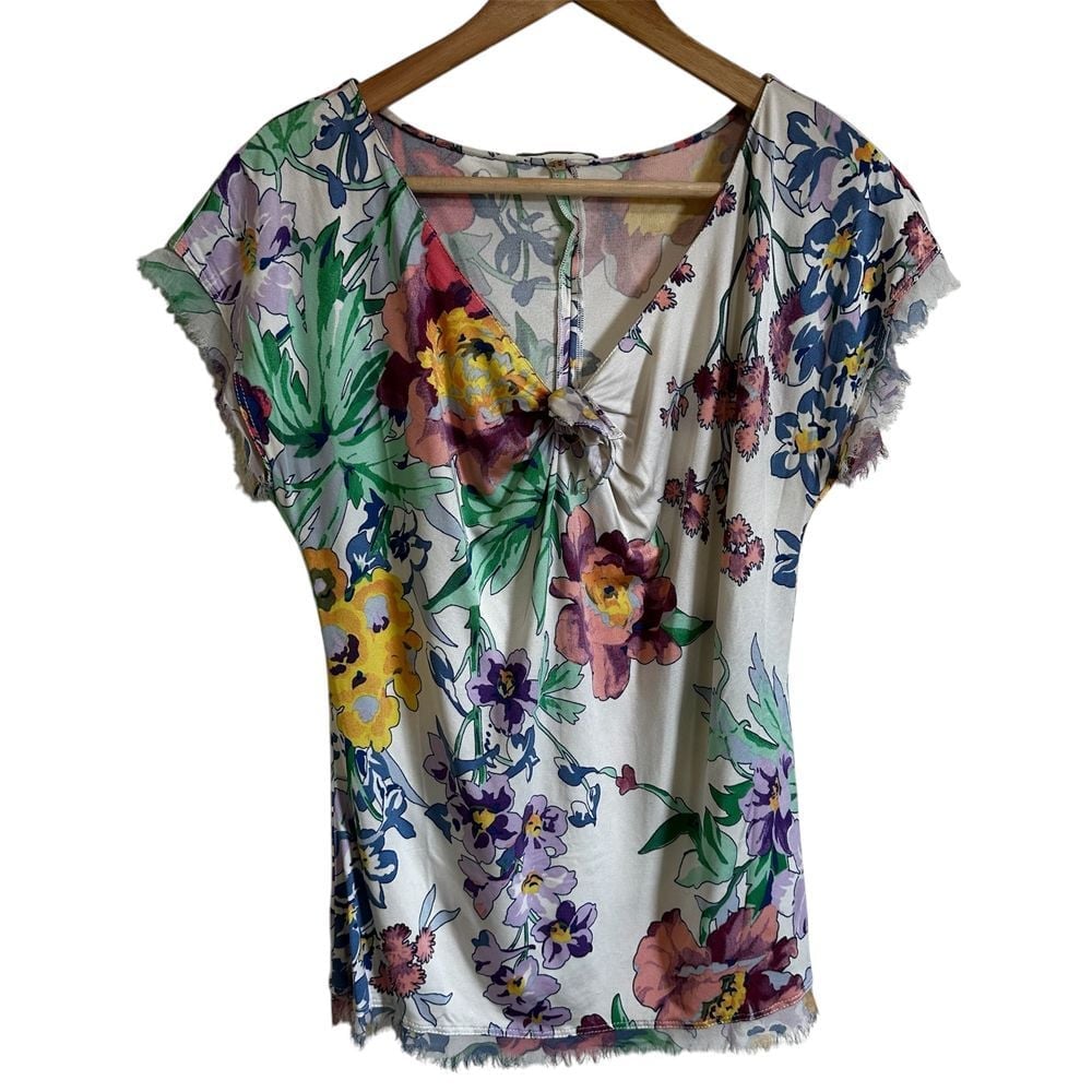 Elie Tahari Silk Floral V-Neck Cap Sleeve Blouse Watercolor Print Summer Top M