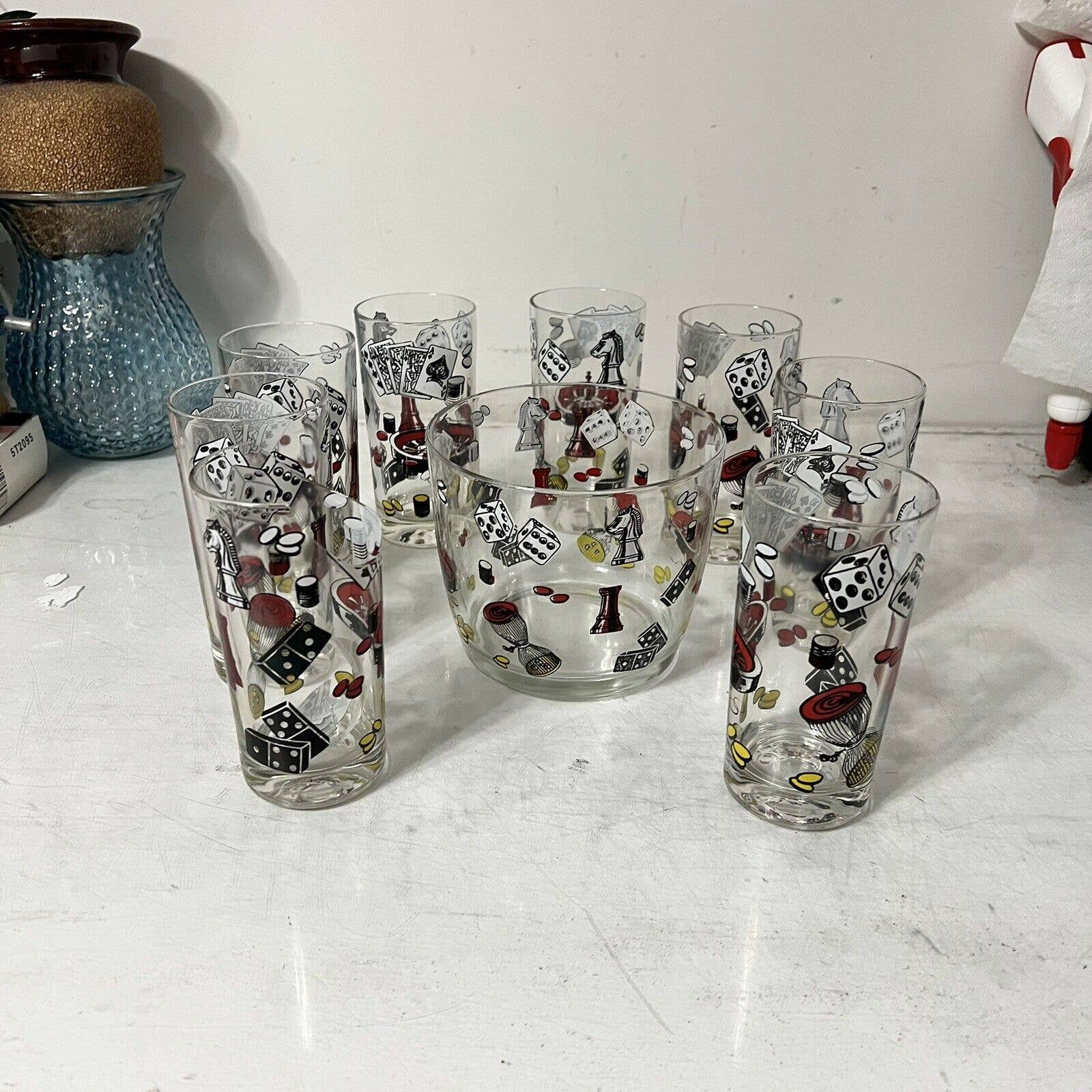 Vintage 1960’s Hazel Atlas Casino Themed Poker Ice Bucket & 8 Glasses