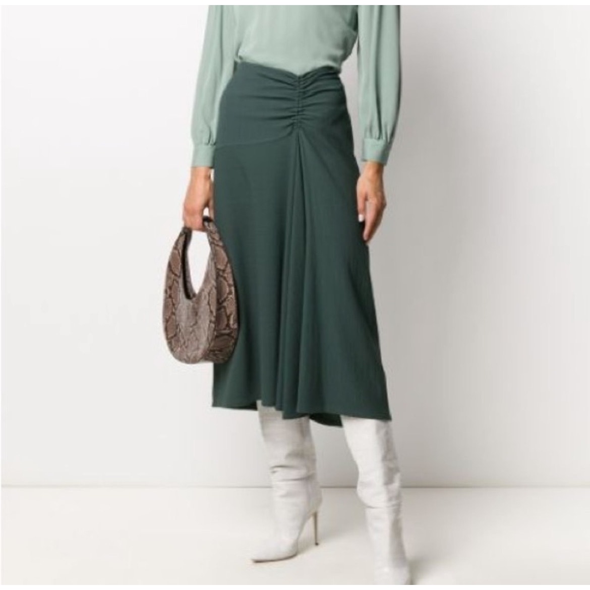 VINCE Ruched Asymmetrical Midi A-line Skirt Sea Leaf Green Size 14