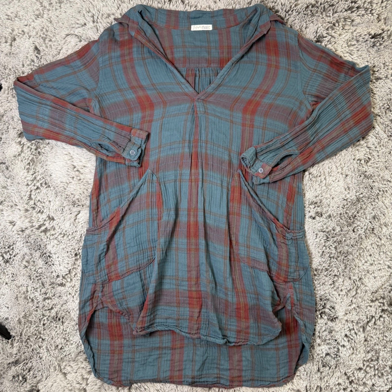 Free People x CP Shades Made in USA Double Gauze Cotton Blue Plaid Small
