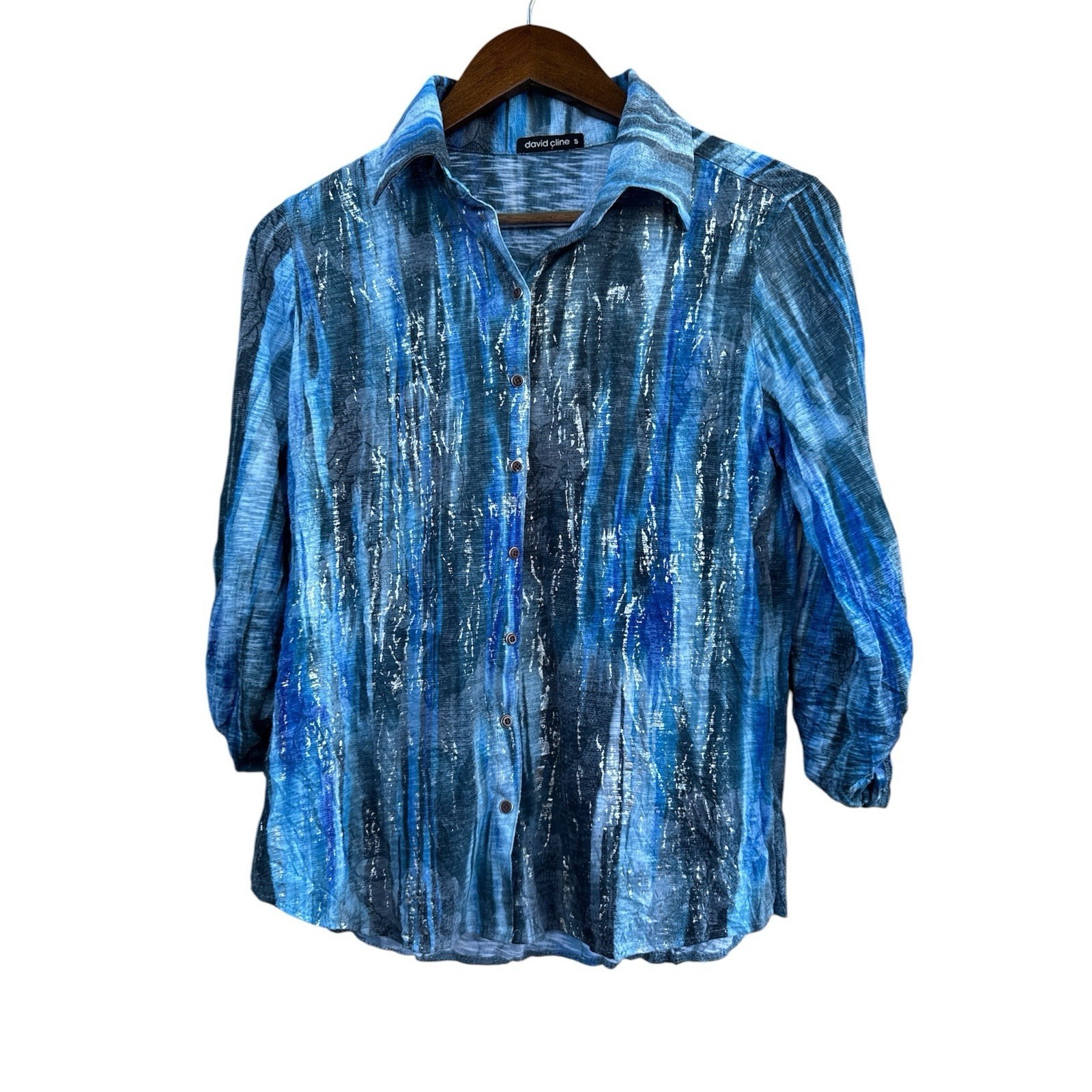 David Cline Abstract Print Button Down Roll Tab Sleeve Top Blouse Size S