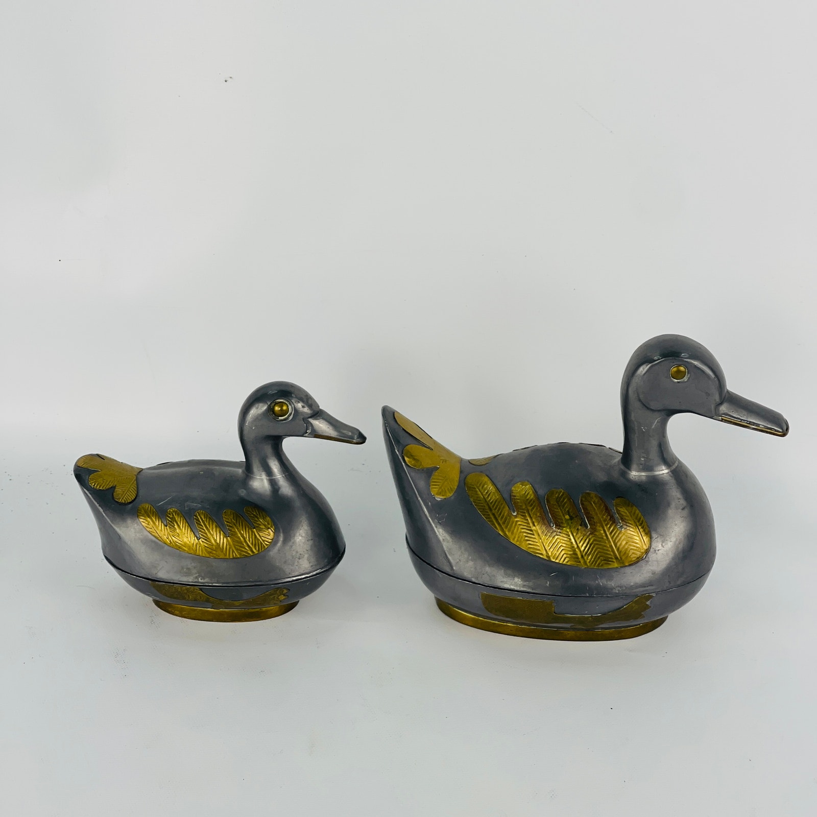 Vintage Pewter Ducks with Brass Inlay Trinket Boxes; Set of 2