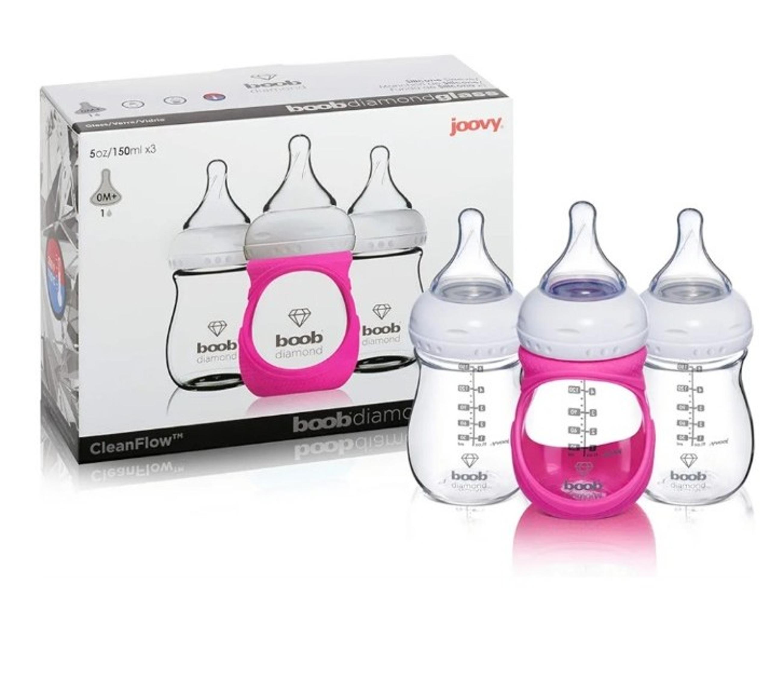 Joovy Bewb Diamond Glass Baby Bottles 5oz Pink Silicone Sleeve Luxury New Sealed