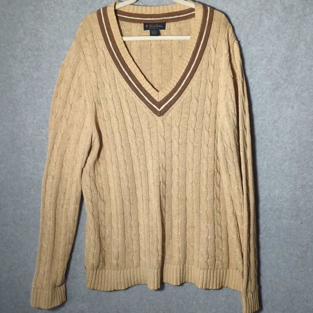 Brooks Brothers V Neck Tennis Knit Sweater Preppy Linen Cotton XL  Oversized Tan