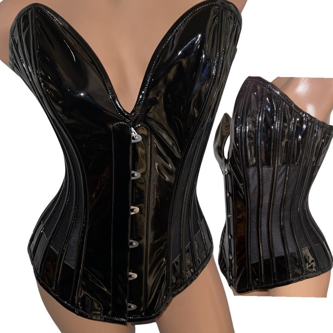 Black Mesh & PVC Steel boned Corset with Plunge Sweetheat Bustline Net