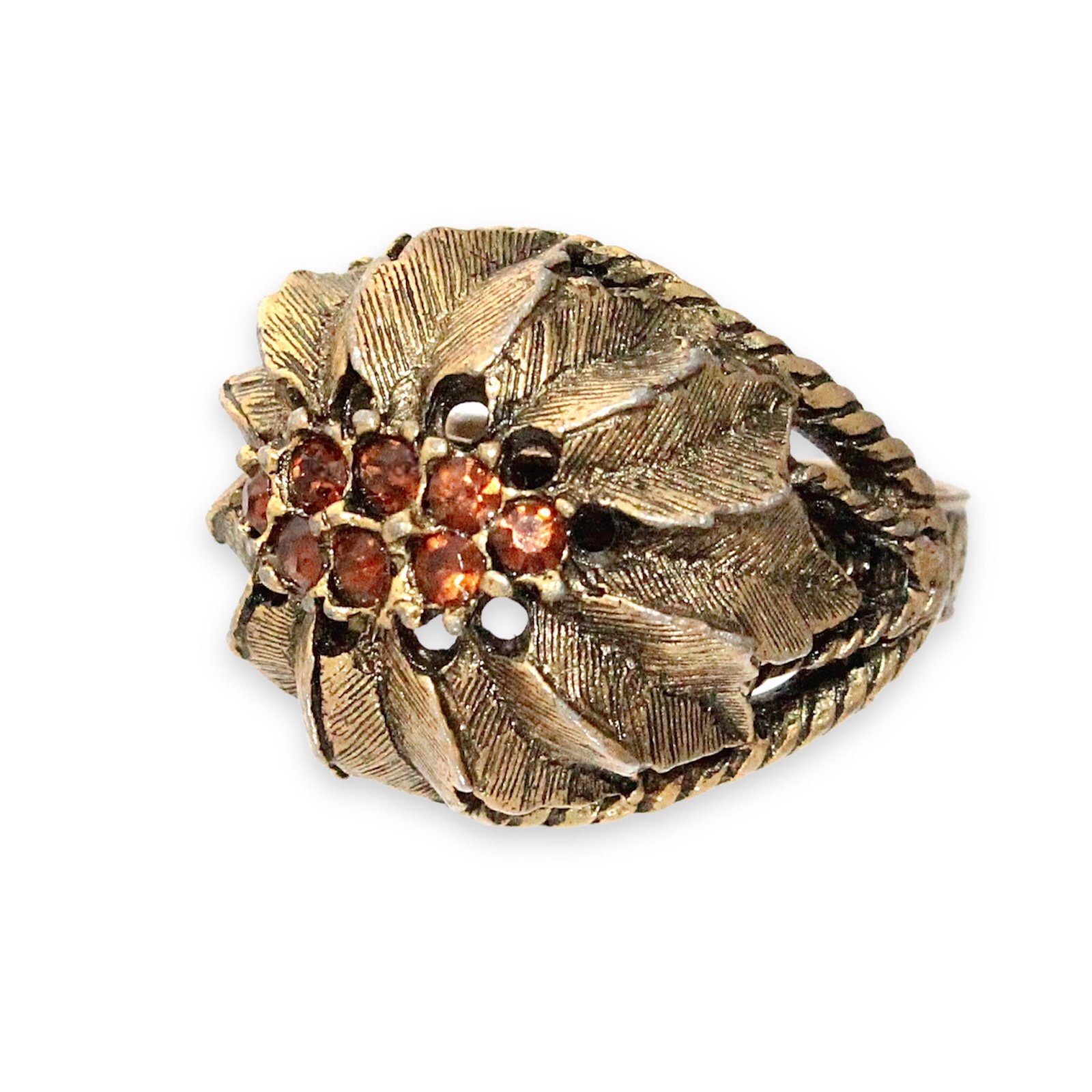 Vintage Cocktail Ring Orange Rhinestones Antique Gold Tone Domed Leaf Adjustable