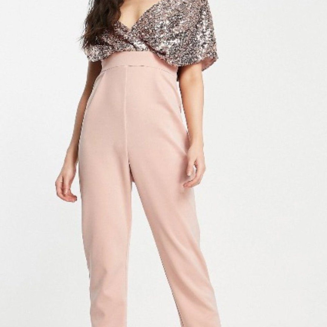 ASOS DESIGN 2 in 1 Sequin Fallen Shoulder Jumpsuit in Rose Gold
