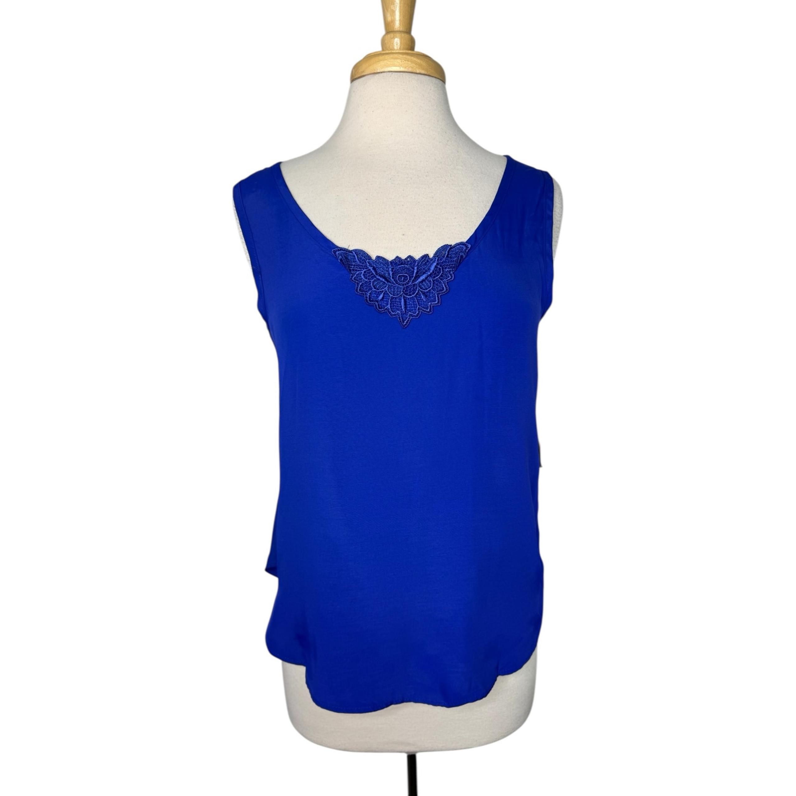 ANXIETY *NEW* Vintage 90s Royal Blue Acetate Sleeveless Top Size Medium Applique