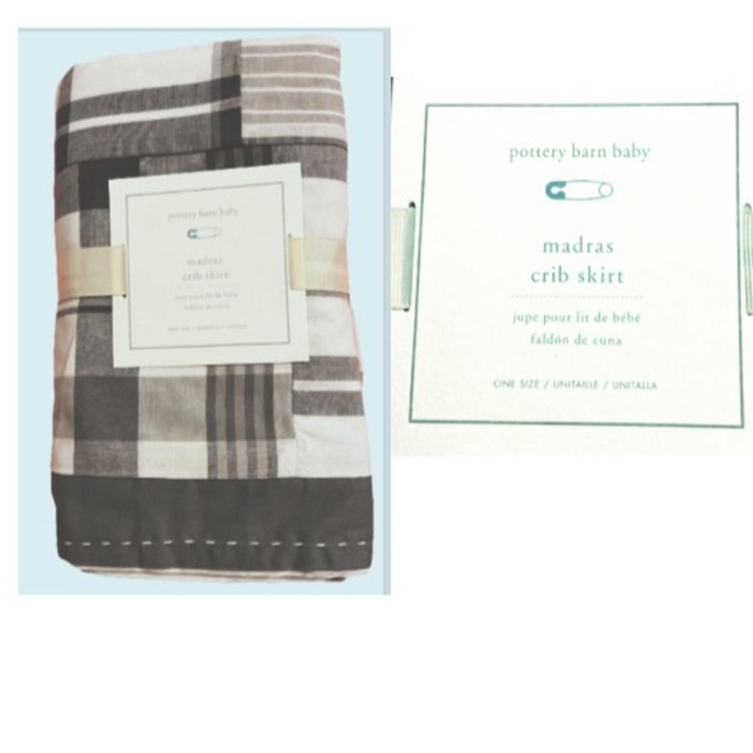 Pottery Barn Baby Madras Crib Skirt Plaid Patchwork Gray Grey & White