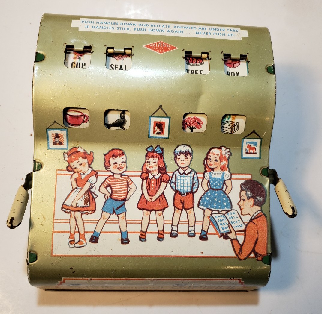 Wolverine See and Spell Tin Learning Toy Missing Top Tabs To Cover Words.(Works)